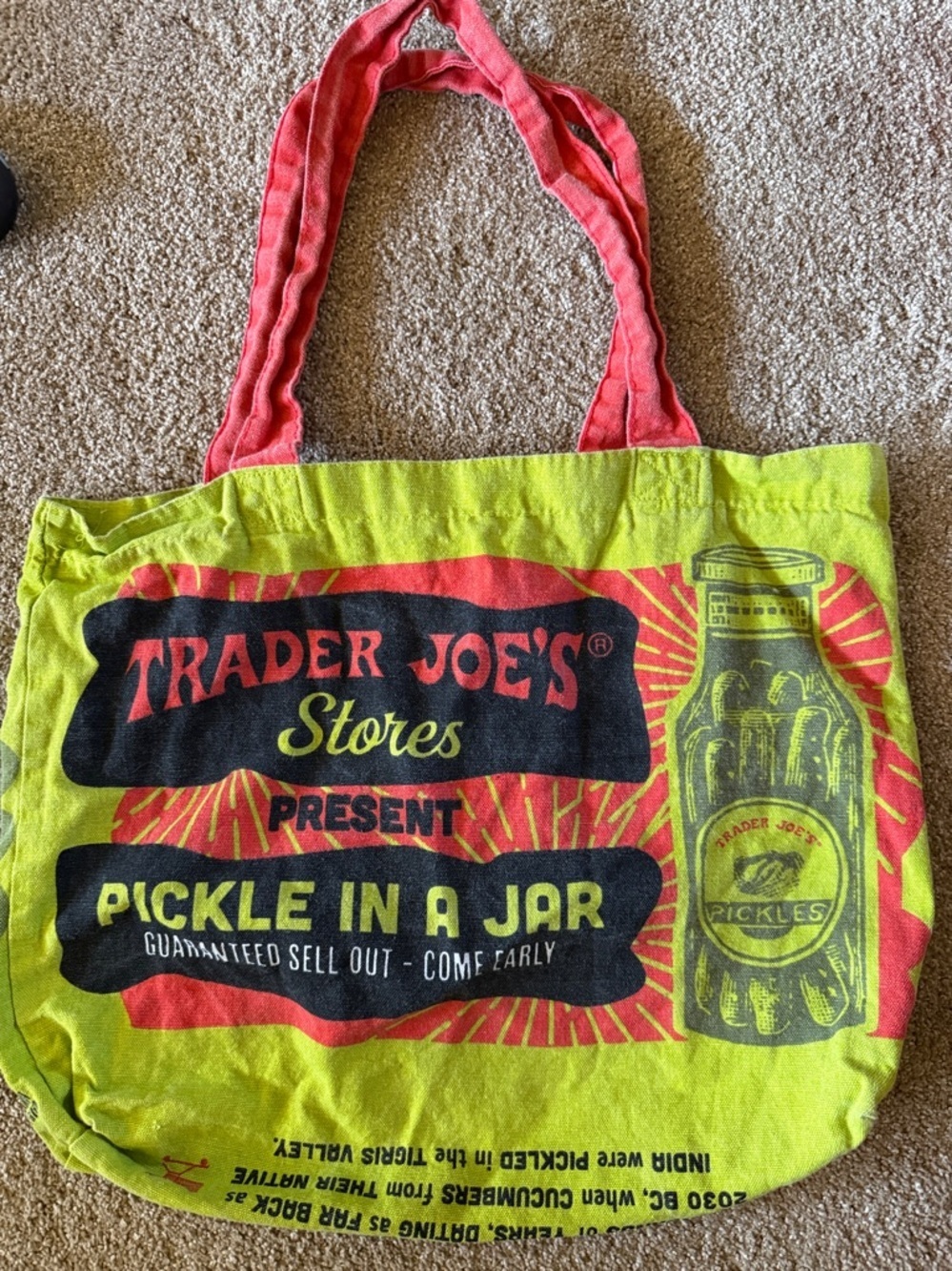 Trader Joe's Pickle in a Jar Tote Bag - Yellow & Red fabric